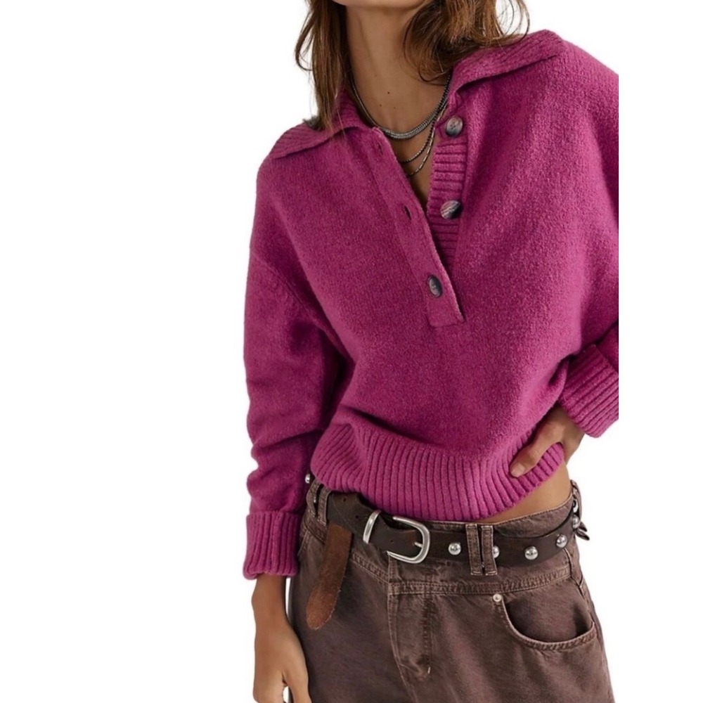 Free People Trading Up Polo Sweater S Magenta Haze Pink Relaxed Preppy Cozy